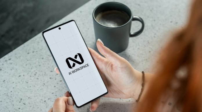 AI Operations Reshaping IT Management Woman holding smartphone with ai workspace logo.